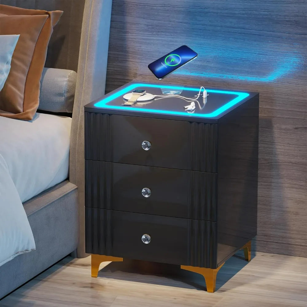 Nightstand with Wireless Charging Station,Smart Gloss Night Stand with 3 Colors Dimmable Sensor Light,Bedside Table Glass Top