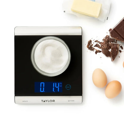 Taylor High-Capacity 33 Pound Digital Kitchen Scale and Food Scale with Hold and Tare Functions in Black and Stainless Steel