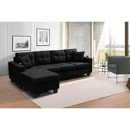 Living room sofa L-shaped upholstered fold-down sofa bed with reversible chaise longue modern fabric furnishings, black