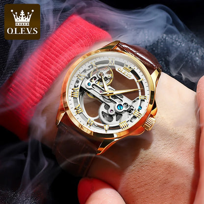 OLEVS Brand Men's Watches Skeleton Automatic Mechanical Wristwatch Waterproof Luminous Leather Strap Fashion Watch for Man Trend