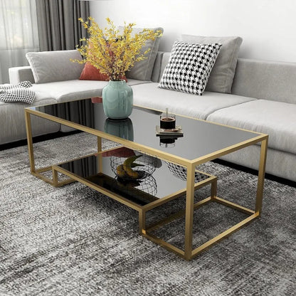 Glass Coffee Table, Brass Accent Modern Tempered Glass Side Table, Additional Storage Shelf & Metal Frame, for Living Room Home