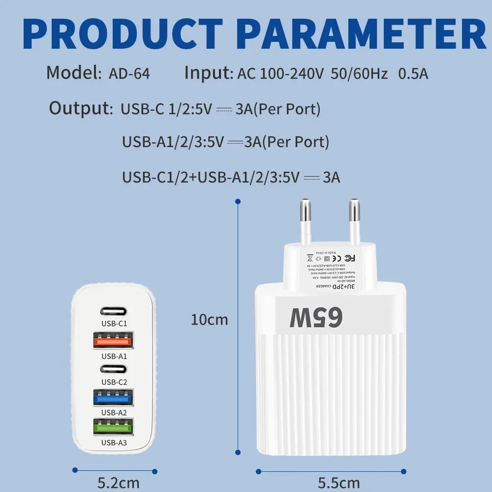 USB Type C Charger Multi Ports 65W Fast Charging Phone Charge Adapter For iPhone Samsung Xiaomi 5 Ports EU/US Plug Quick Charger