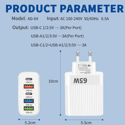 USB Type C Charger Multi Ports 65W Fast Charging Phone Charge Adapter For iPhone Samsung Xiaomi 5 Ports EU/US Plug Quick Charger