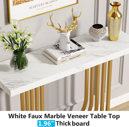 Console Table with Gold Base, 39.4 In Faux Marble Entryway Foyer Table, Sofa Accent Table for Living Room, Hallway, White & Gold