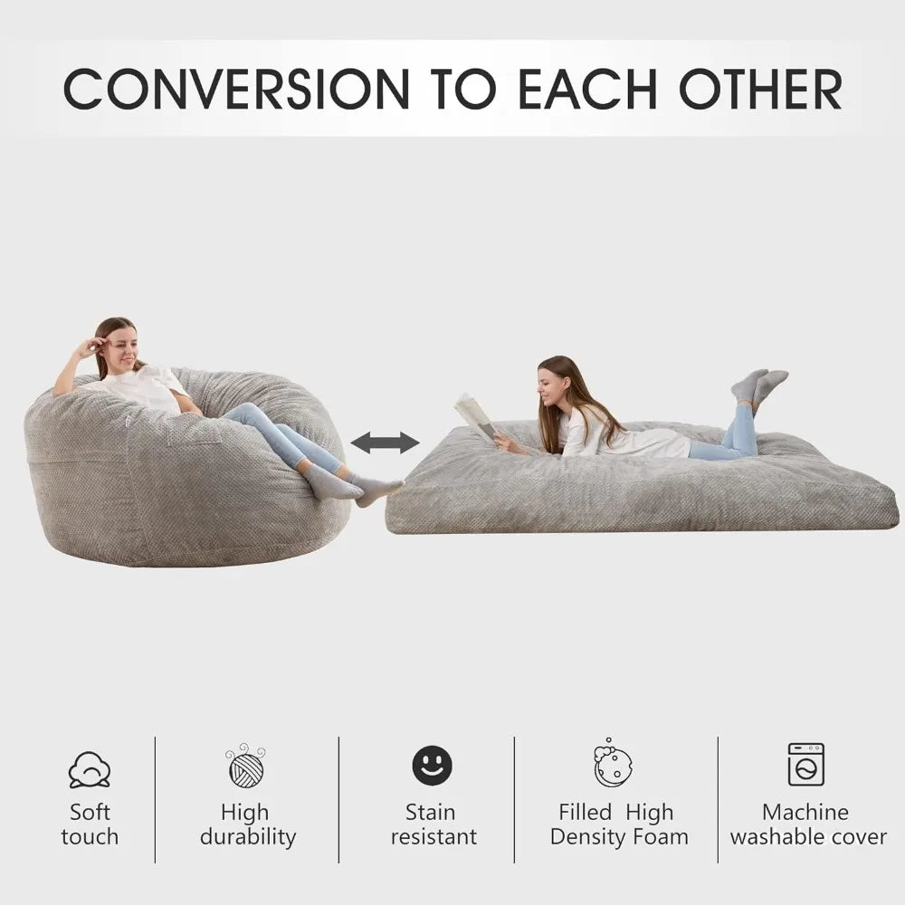 Convertible Beanbag Chair for Home Bean Bag Variable Shape From Bean Bag to Mattress Living Room (Full Grey) Furniture