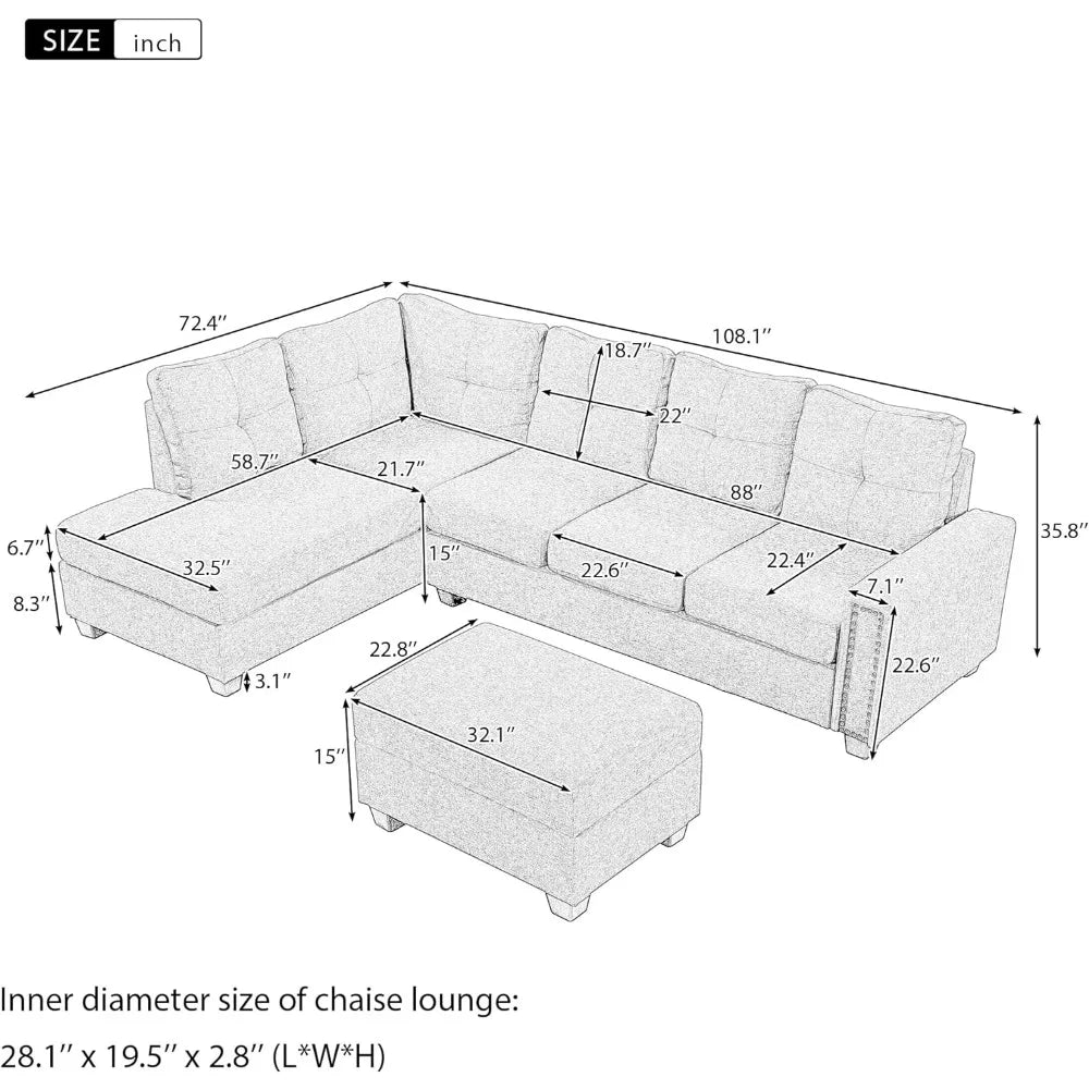 Sectional, L Shape Modular Storage Ottoman & Chaise, Comfy Oversized Corner Sofa Cup Holder,Fabric Living Room Furniture Couch