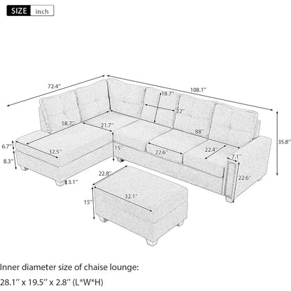 Sectional, L Shape Modular Storage Ottoman & Chaise, Comfy Oversized Corner Sofa Cup Holder,Fabric Living Room Furniture Couch