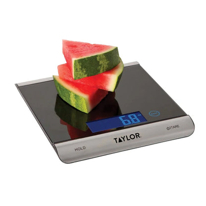 Taylor High-Capacity 33 Pound Digital Kitchen Scale and Food Scale with Hold and Tare Functions in Black and Stainless Steel