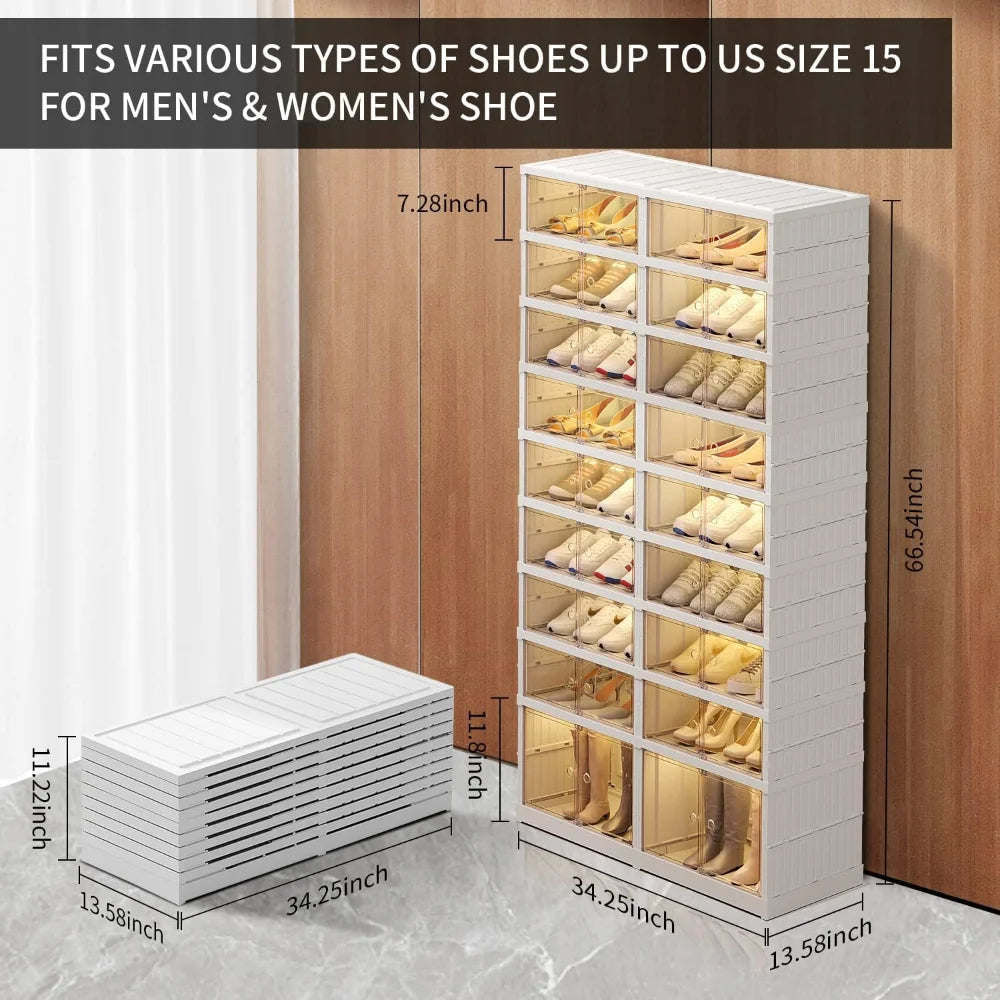 CIMLORD 9-Tier Foldable Shoe Rack Organizer for Closet 36Pairs Plastic Shoe Shelf Collapsible Shoes Storage Box Clear Shoe Boxes