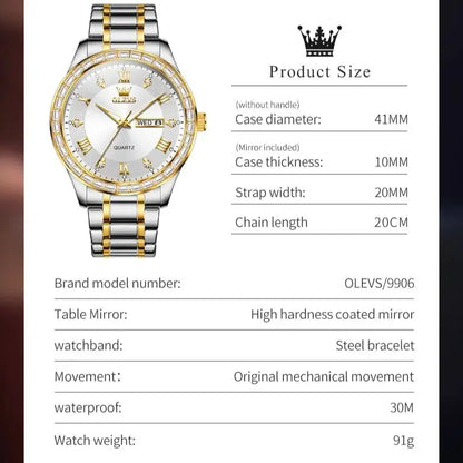 OLEVS 9906 Quartz Men's Watch Classic Fashion Men's Business Waterproof Stainless Steel Diamond dial Top Luxury Brand Men Watch