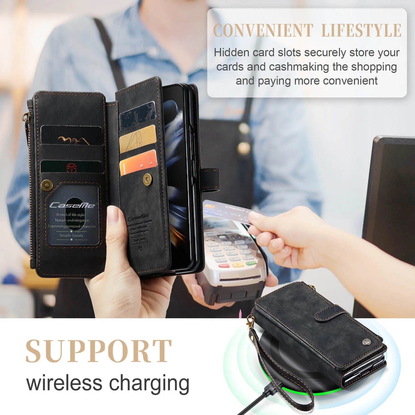 for Samsung Galaxy Z Fold 3/4 Wallet Case,Durable PU Leather Magnetic Wallet Flip Lanyard Strap Wristlet Zipper Card Holder Case