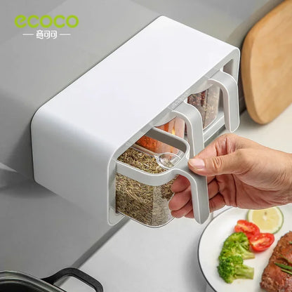 ECOCO Wall Mounted Seasoning Box, Spice Storage Rack, Seasoning Organizer, Kitchen Accessories, Salt Jar Shaker, Pepper Container