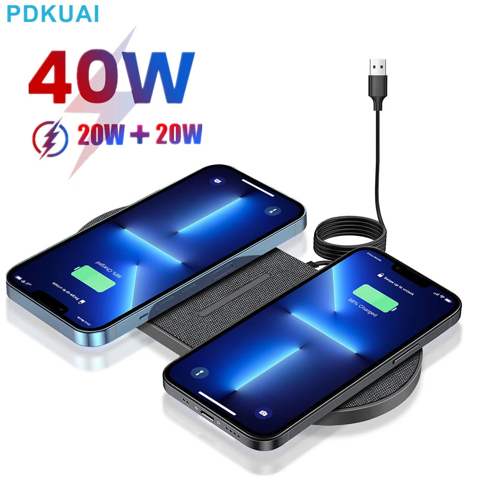 40W 2 In 1 Dual Wireless Charger for Samsung S24 S23 S22 Double Fast Charging Pad For iPhone 15 14 13 12 11 XS XR Airpods 3 Pro