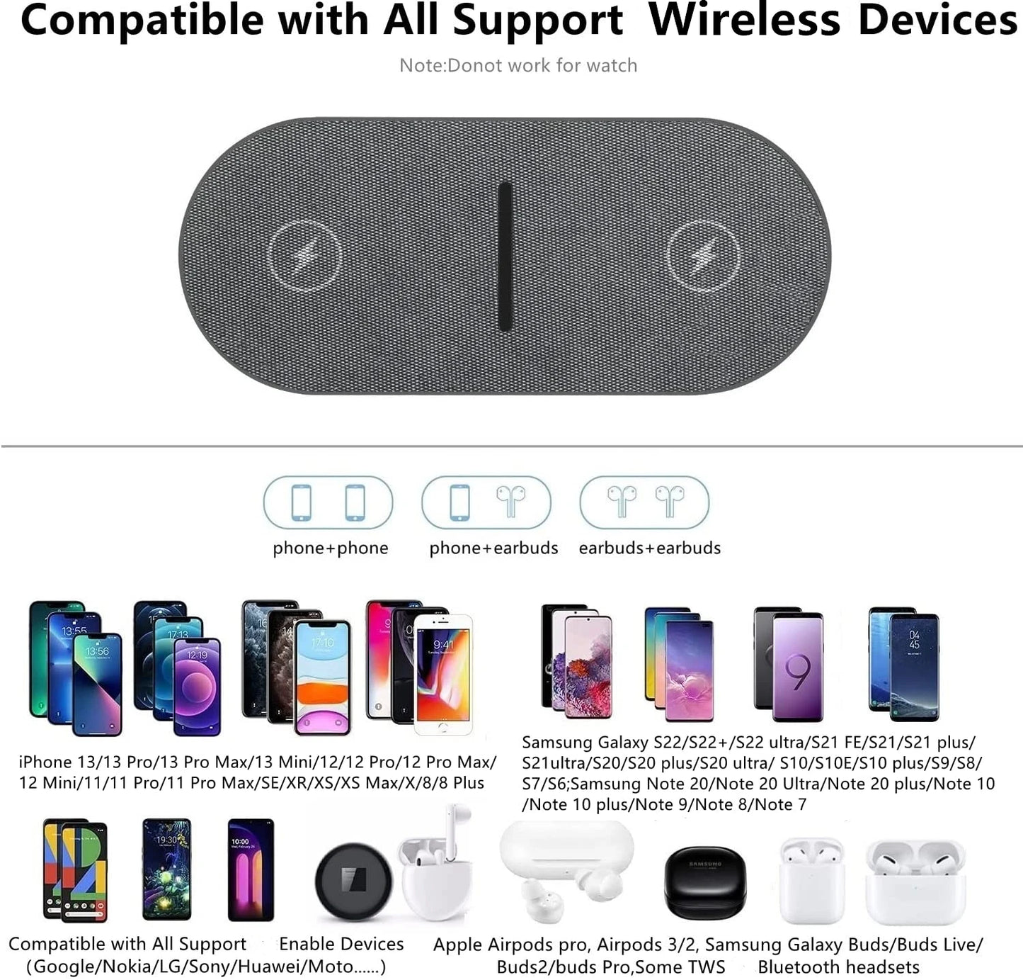 40W 2 In 1 Dual Wireless Charger for Samsung S24 S23 S22 Double Fast Charging Pad For iPhone 15 14 13 12 11 XS XR Airpods 3 Pro