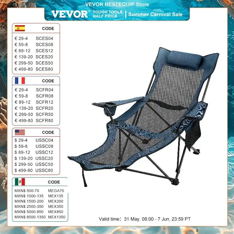 VEVOR Outdoor Folding Camp Chair Backrest With Footrest Portable Bed Nap Chair For Camping Fishing Foldable Beach Lounge Chair