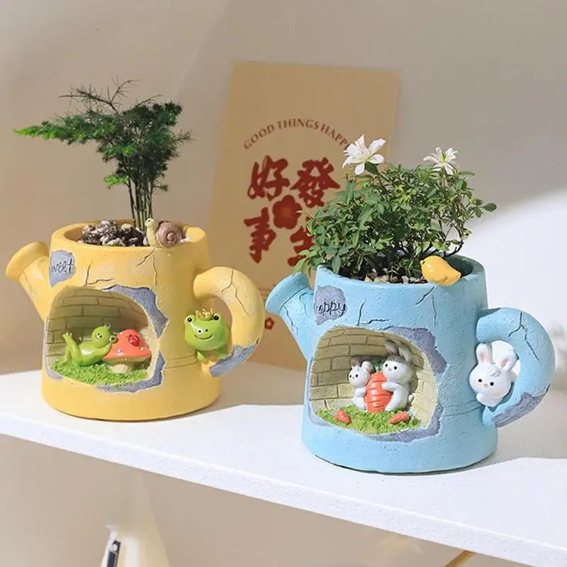 Adorable Resin Cute Animal Flowerpot Cartoon Animal Watering Pot Shaped Succulent Flower Pot Tabletop Ornaments For Home Decor