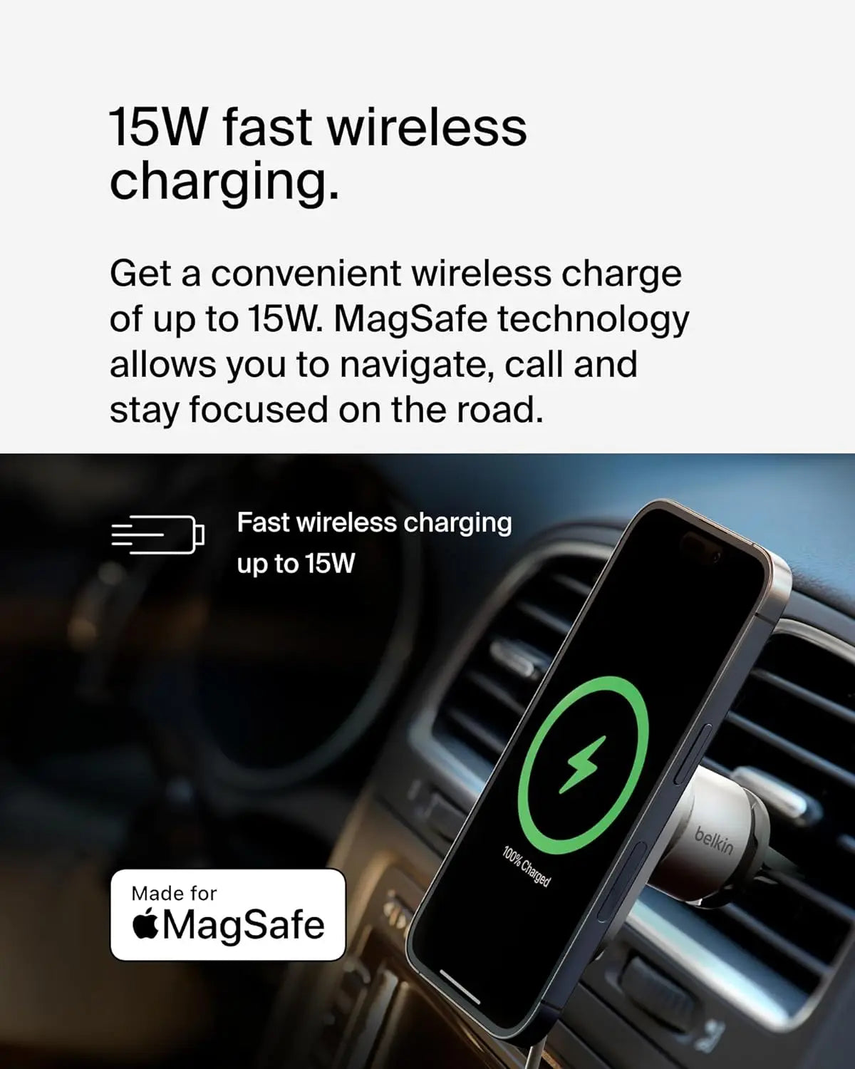 BoostCharge Pro Wireless Car Charger with MagSafe Compatibility, 15W Fast Charging, Extra Strong Magnetic Car Vent Phone Mount