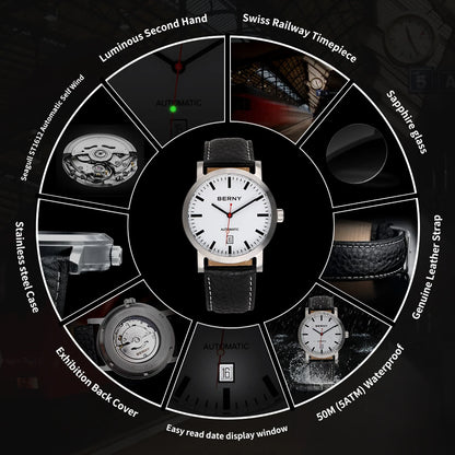 BERNY Men Mechanical Wristwatch 5ATM Waterproof Watch for Male Leather Swiss Railway Timepiece Luxury Brand  Automatic Men Watch