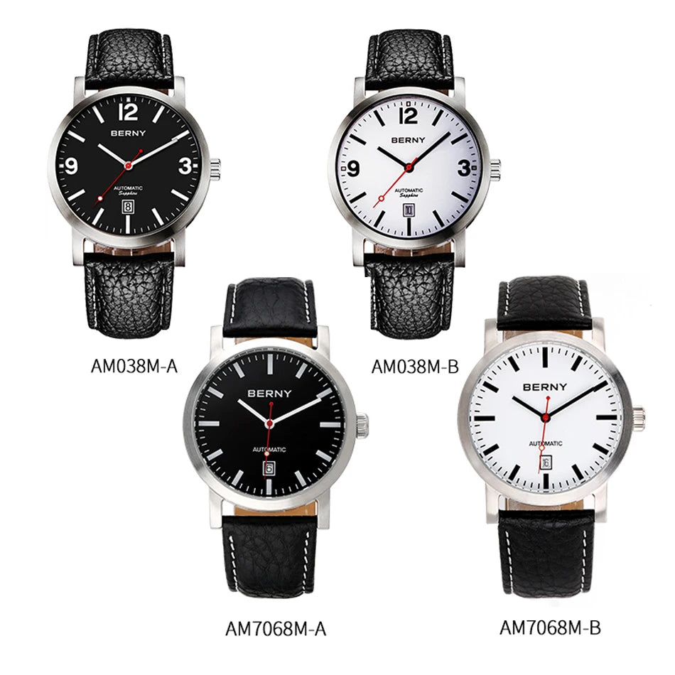 BERNY Men Mechanical Wristwatch 5ATM Waterproof Watch for Male Leather Swiss Railway Timepiece Luxury Brand  Automatic Men Watch