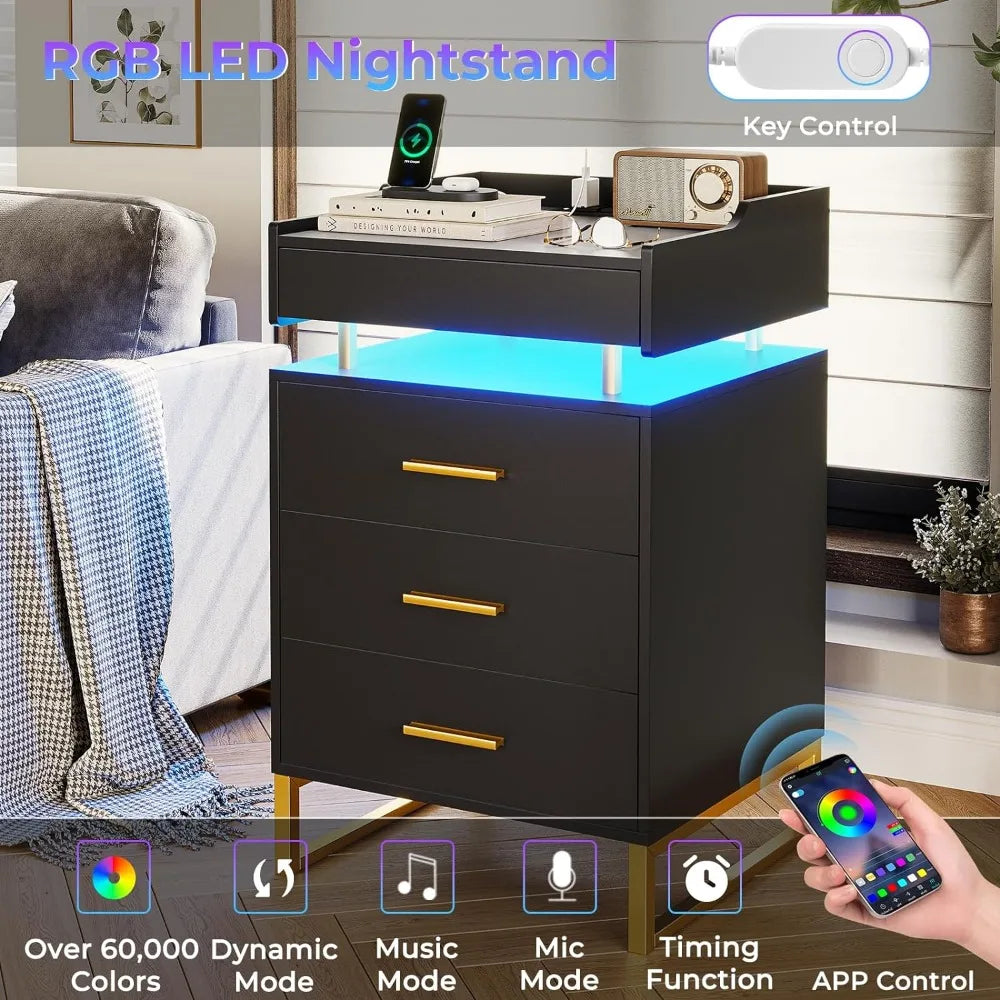 Modern End Table With Storage Home Furniture Bedside Table With LED Lights & Metal Legs Mobile Bedside Tables for the Bedroom