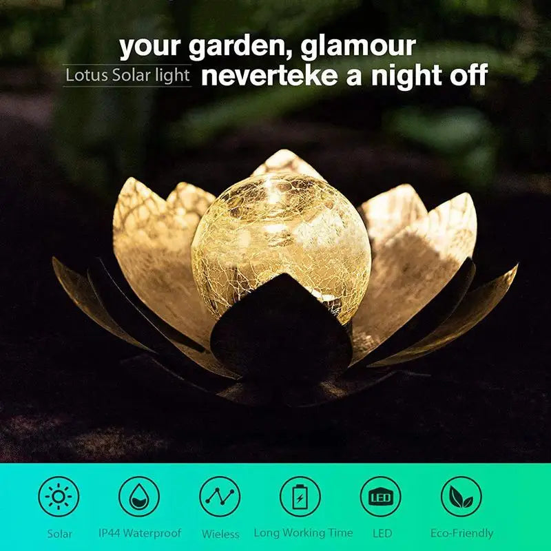 Garden Amber Cracked Glass Lotus Solar Light Waterproof Metal Flower LED Light Garden Lamp For Patio Pathway Lawn Decoration