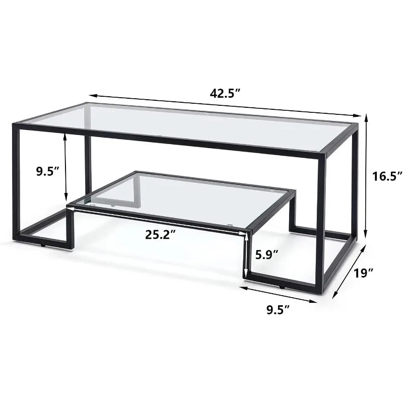 Glass Coffee Table, Brass Accent Modern Tempered Glass Side Table, Additional Storage Shelf & Metal Frame, for Living Room Home