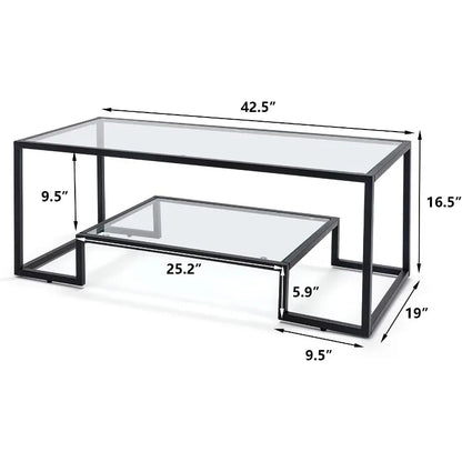 Glass Coffee Table, Brass Accent Modern Tempered Glass Side Table, Additional Storage Shelf & Metal Frame, for Living Room Home