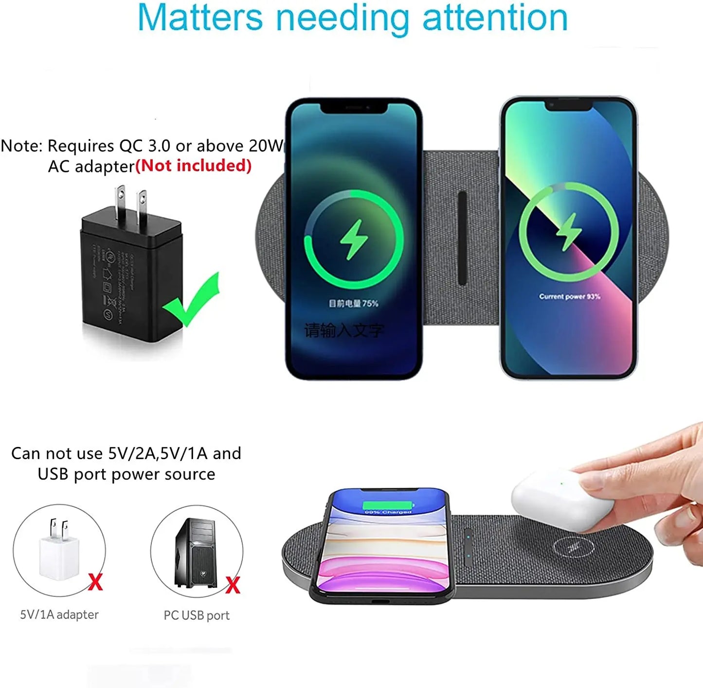 40W 2 In 1 Dual Wireless Charger for Samsung S24 S23 S22 Double Fast Charging Pad For iPhone 15 14 13 12 11 XS XR Airpods 3 Pro