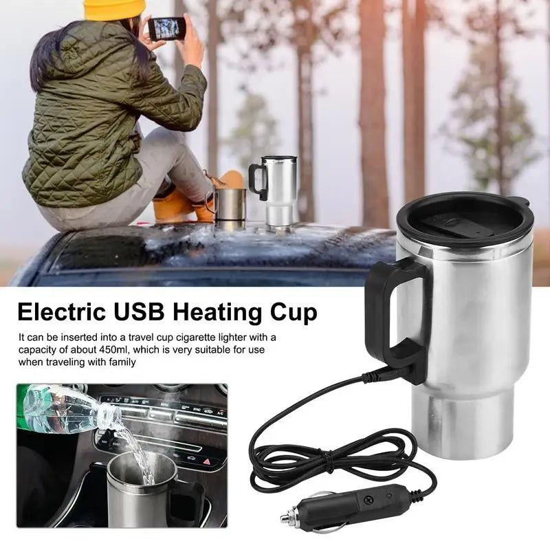 12V 450ml USB Electric Heating Car Kettle Camping Travel Kettle Water Coffee Milk Thermal Mug Auto Heating Cup Stainless Steel