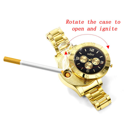 Lancardo Men Electronic Cigarette Lighter Quartz Watches Charging USB Smoking Wristwatch Rechargeable Windproof Flameless Gift