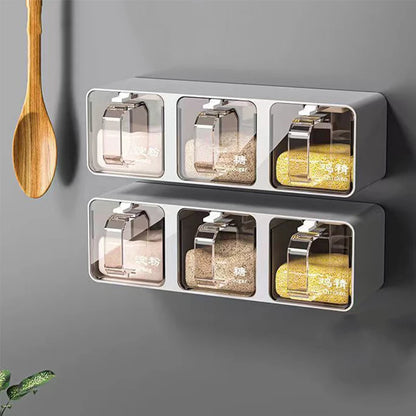 Wall Mount Seasoning Organizer Box Set, Salt Shaker Spice Rack Compartment, Storage Box, Sugar Container Jar With Spoon for Kitchen